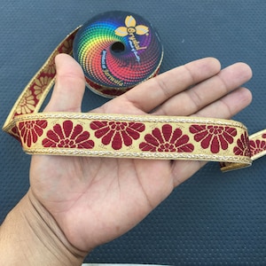 Golden Indian Jacquard With Red Flower Ribbon Lace Trim For Crafting, Sewing Trim, Fabric Trim, Plane Sari Border, Boho Trims by the yard