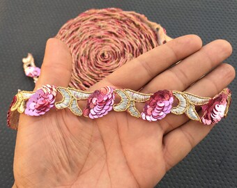 Pink and Gold Floral Sequin Ribbon Lace Trim, Embroidered Beaded Woven Design, By Yard