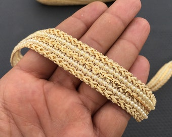 Antique Gold Woven Ribbon Lace Trim, Beaded White Design, By The Yard