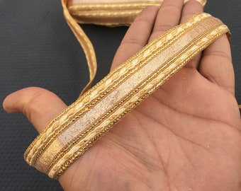 Golden Woven Jacquard Trim, Indian Embroidery Ribbon, Silver Border, By The Yard