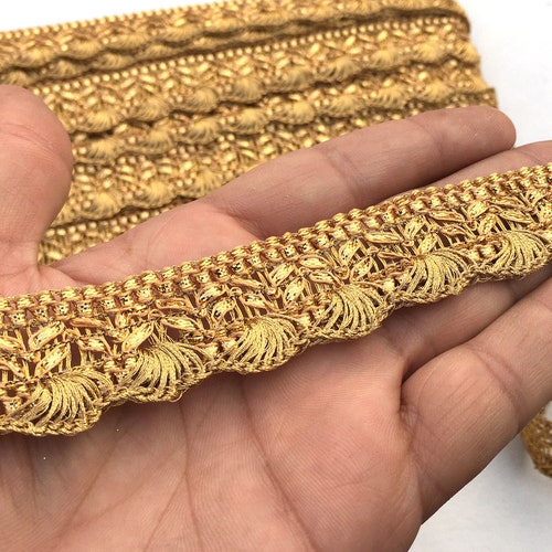 ATTRACTIVE INDIAN GOLD BRAIDED SWIRLS & CRYSTALS DESIGN LACE/TRIM-SOLD By METRE 