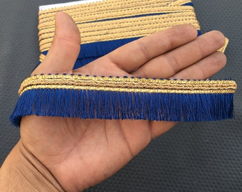By Yard Blue Fringe And Golden Border Ribbon Lace Trim For Crafting,Sewing With Beautiful Design Used In Different Artifacts