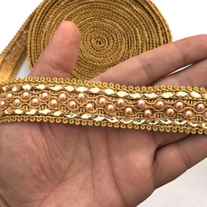 By Yard  Beaded Gold  Woven  Beaded  Ribbon Lace Trim  For Crafting,Sewing With Beautiful Design Used In Different Artifacts