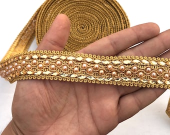 Gold Beaded Ribbon Lace Trim, Woven Design, By The Yard