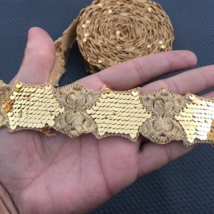 By Yard Gold Sequin Woven Embroidered Ribbon Lace Trim  For Crafting,Sewing Beautiful Design Used In Different Artifacts