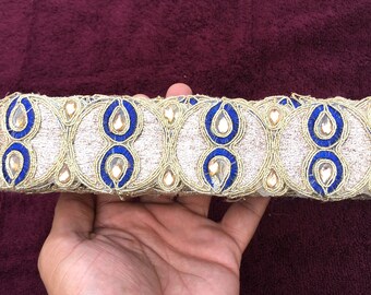 Golden Zari Embroidered Beaded Trim, Indian Sari Border