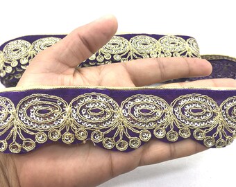 Navy Blue Embroidered Sequin Lace Trim, Zari Ribbon, Crafting, Sewing