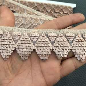 Puede incluir: Primer plano de un ribete de lentejuelas rosa con borde festoneado. El ribete est&aacute; hecho de peque&ntilde;as lentejuelas iridiscentes cosidas sobre una tela de malla transparente.