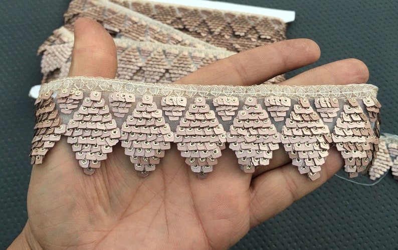 Puede incluir: Primer plano de un ribete de lentejuelas rosa con borde festoneado. El ribete est&aacute; hecho de peque&ntilde;as lentejuelas iridiscentes cosidas sobre una tela de malla transparente.