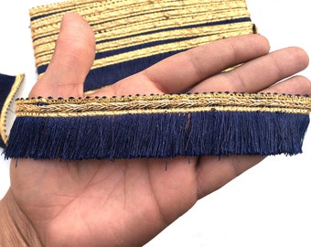 By Yard Dark Blue Fringe And Golden Border Ribbon Lace Trim For Crafting,Sewing With Beautiful Design Used In Different Artifacts