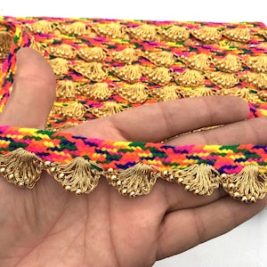 Por jarda guarnição de renda com miçangas indiana Gotta Patti multicolorida, trabalho com corte Gota floral, frisado, borda saree, pérola branca, guarnição dourada, costura Boho, cigana