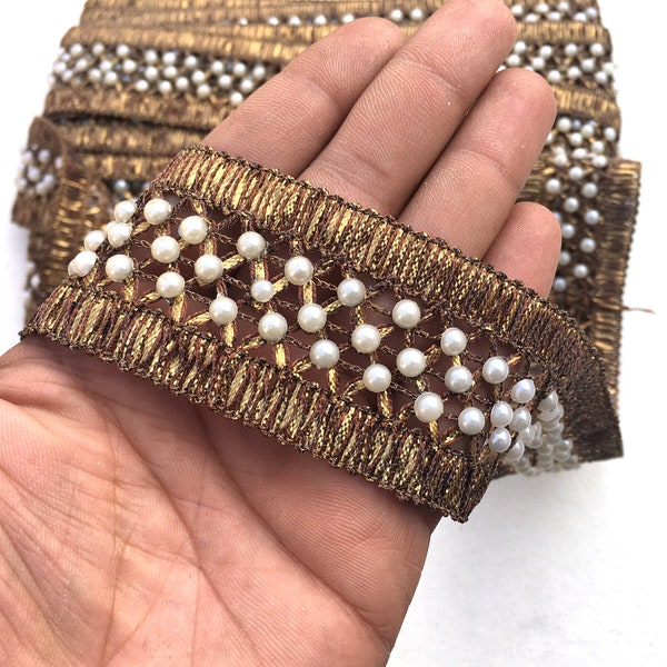 Indian Beaded Trims India Beaded Laces Beaded Ribbon White Pearl Gota Patti Trim Sewing Fabric Trims Antique Beaded Trims Craft Trim by yard