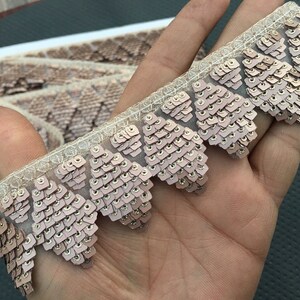 Puede incluir: Primer plano de un ribete delicado y con lentejuelas con un borde festoneado. El ribete est&aacute; hecho de una tela transparente con peque&ntilde;as lentejuelas iridiscentes de color rosa claro.