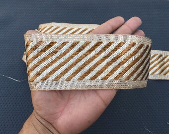 Golden Lines Silver Border Ribbon Lace, Embroidered Trim (By the Yard)