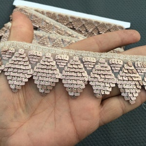 Puede incluir: Primer plano de un ribete de lentejuelas rosa con borde festoneado. El ribete est&aacute; hecho de peque&ntilde;as lentejuelas iridiscentes cosidas sobre una tela de malla transparente.