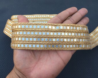 Golden Embroidered Ribbon Lace Trim, Woven Design, Sewing Crafting (By The Yard)