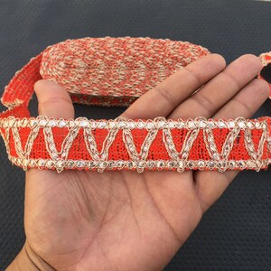Orange Indian Woven And Rose Gold Borders  Ribbon Lace Trim For Crafting With Beautiful Design Used In Different Artifacts(sold by the yard)