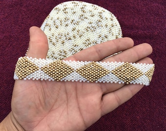 Cinta de encaje con cuentas doradas y blancas, manualidades, costura