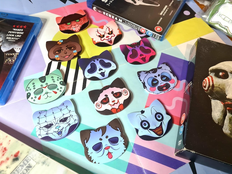 SLASHER KITTIES - cat shaped badges - 53x58mm Any 2