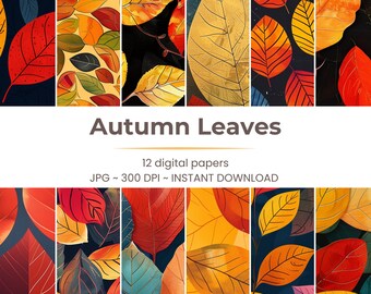 Autumn Leaves Digital Paper Pack, Fall Scrapbook Paper (12"x12")