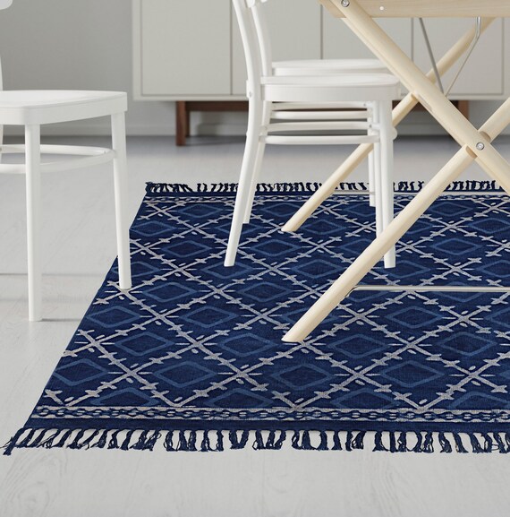 5x7.ft Indigo Dari Rug Cotton Blue Runner Handmade Carpet Floor Rug Modern Rug 