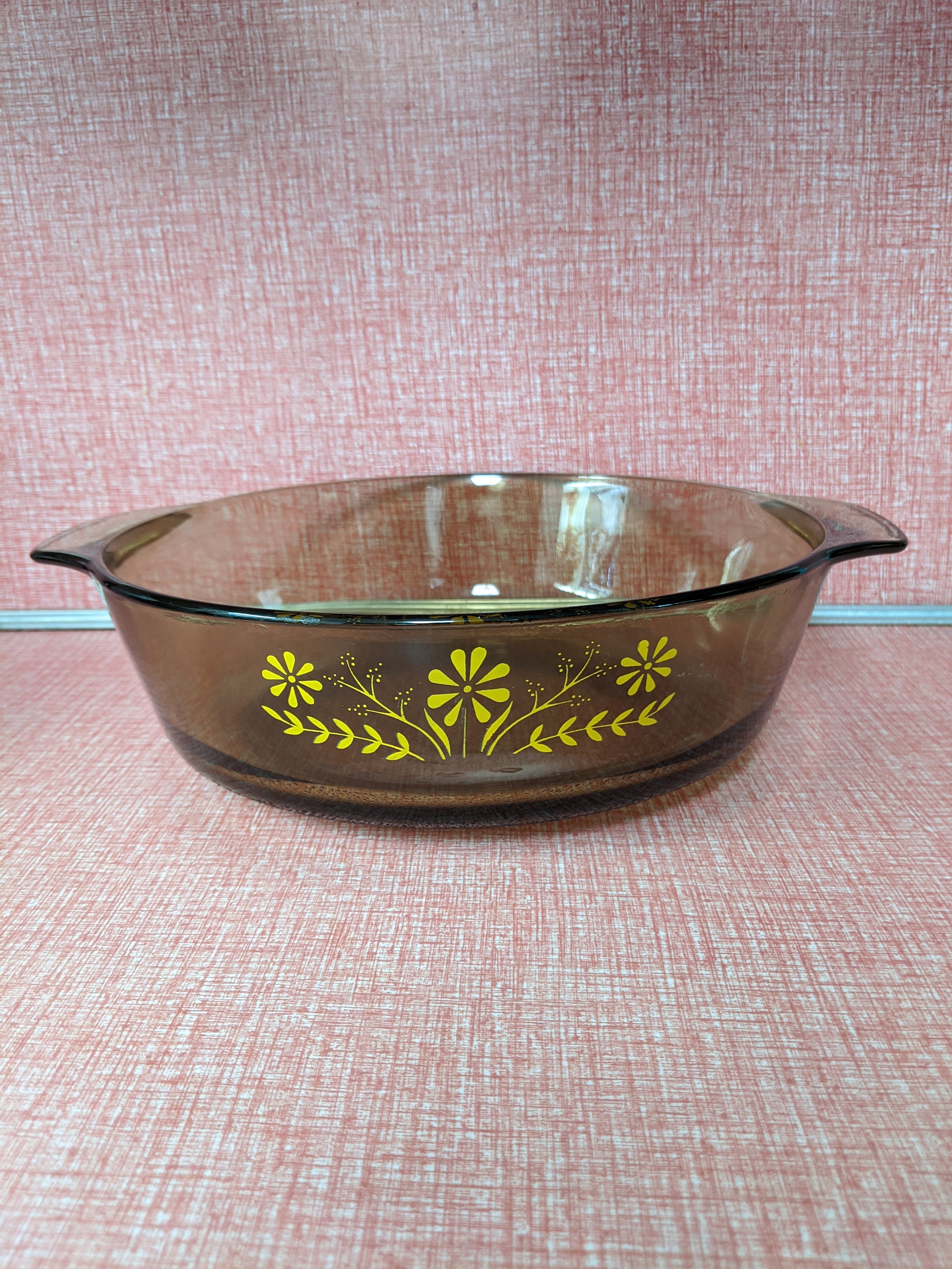 Vintage Brown Glass Casserole Dish with Yellow Flower Design Etsy