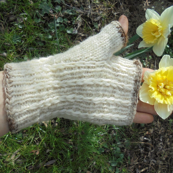 Handspun handknit wool fingerless gloves with alpaca trim. Handknitted from entirely hand processed and handspun Suffolk wool and alpaca.