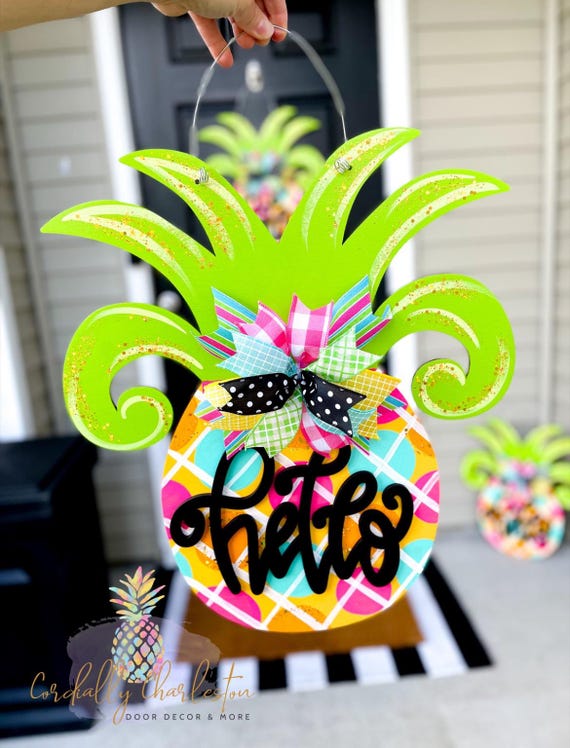 Pineapple Hello Door Hanger | Colorful Welcome Sign | Home Sweet Home | Welcome Sign | Pineapple Sign | Southern Hospitality | Welcome | Hey