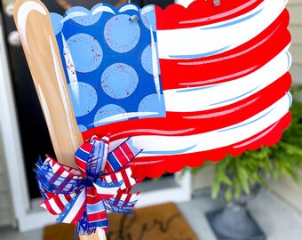 Patriotic Door Hanger: Hand-Painted Red White Blue Decor