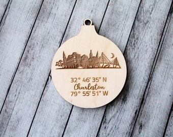 Charleston Skyline Ornament: Engraved Baltic Birch