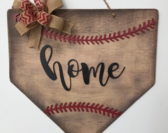 Rustic Baseball Home Plate Door Hanger with Bow