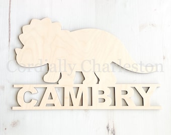 Laser Cut Triceratops Name Sign: Baltic Birch Dinosaur Decor