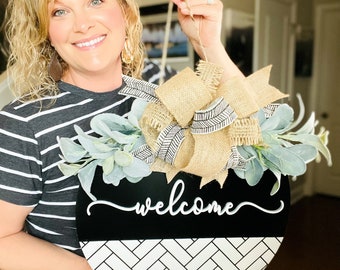 Welcome Door Hanger | Farmhouse Door Decor | Spring Decor | Neutral Decor | Farmhouse | Porch Decor | Herringbone Door Hanger