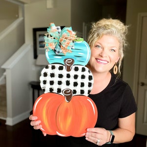 Stacked Pumpkin Door Hanger: Teal, Buffalo Plaid, Orange Decor