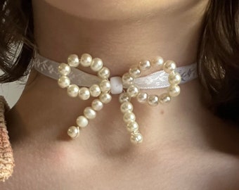 Pearl bow ribbon choker necklace