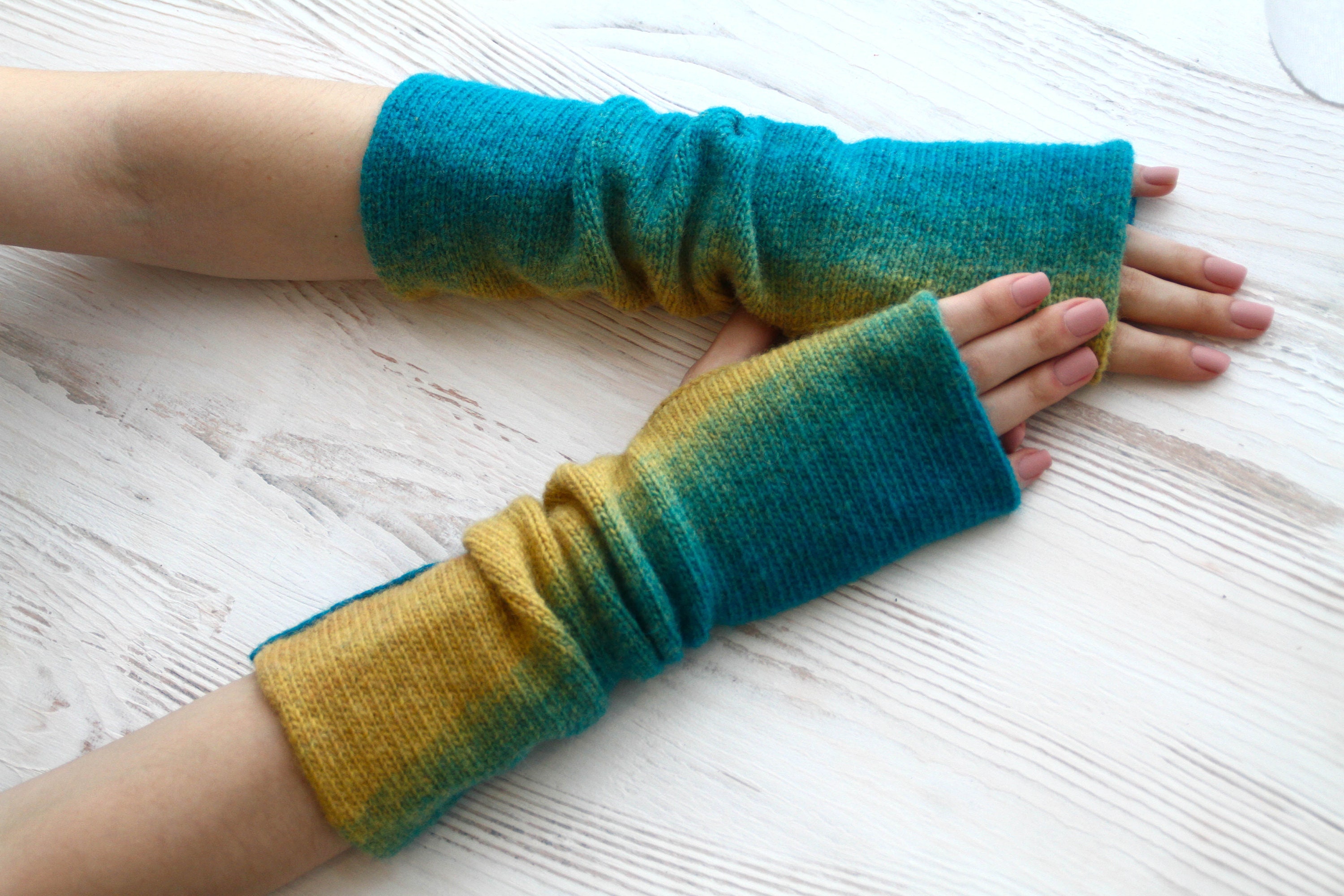 Women turquoise gloves Long arm warmers Knit gloves Etsy