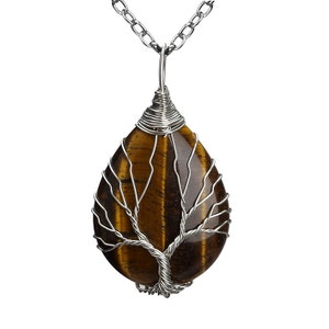 Tiger's Eye Pendant + Chain Tree of Life Drops Wire Jewelry Gemstone Healing Stone