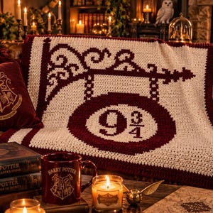Può includere: Una coperta rettangolare all'uncinetto con uno schema di colori bordeaux scuro e crema. Il design mostra la grafica di un'insegna sospesa con il testo 9 3/4 al centro, circondata da un bordo con motivo a volute in filato bordeaux.