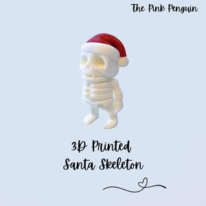 May include: A 3D-printed white skeleton figurine wearing a red and white Santa hat. The text "3D Printed Santa Skeleton" is below the figurine. The Pink Penguin logo is at the top.