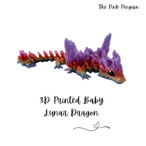 May include: 3D printed baby lunar dragon figurine. The dragon is purple, red, and orange with a spiky back and a small, curled tail. The dragon has a cute, cartoonish face.