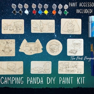 Camping DIY Paint Your Own Magenet Kit/ Craft Kit/Pandas/gift /  wooden cutouts /girls gift / boys gift