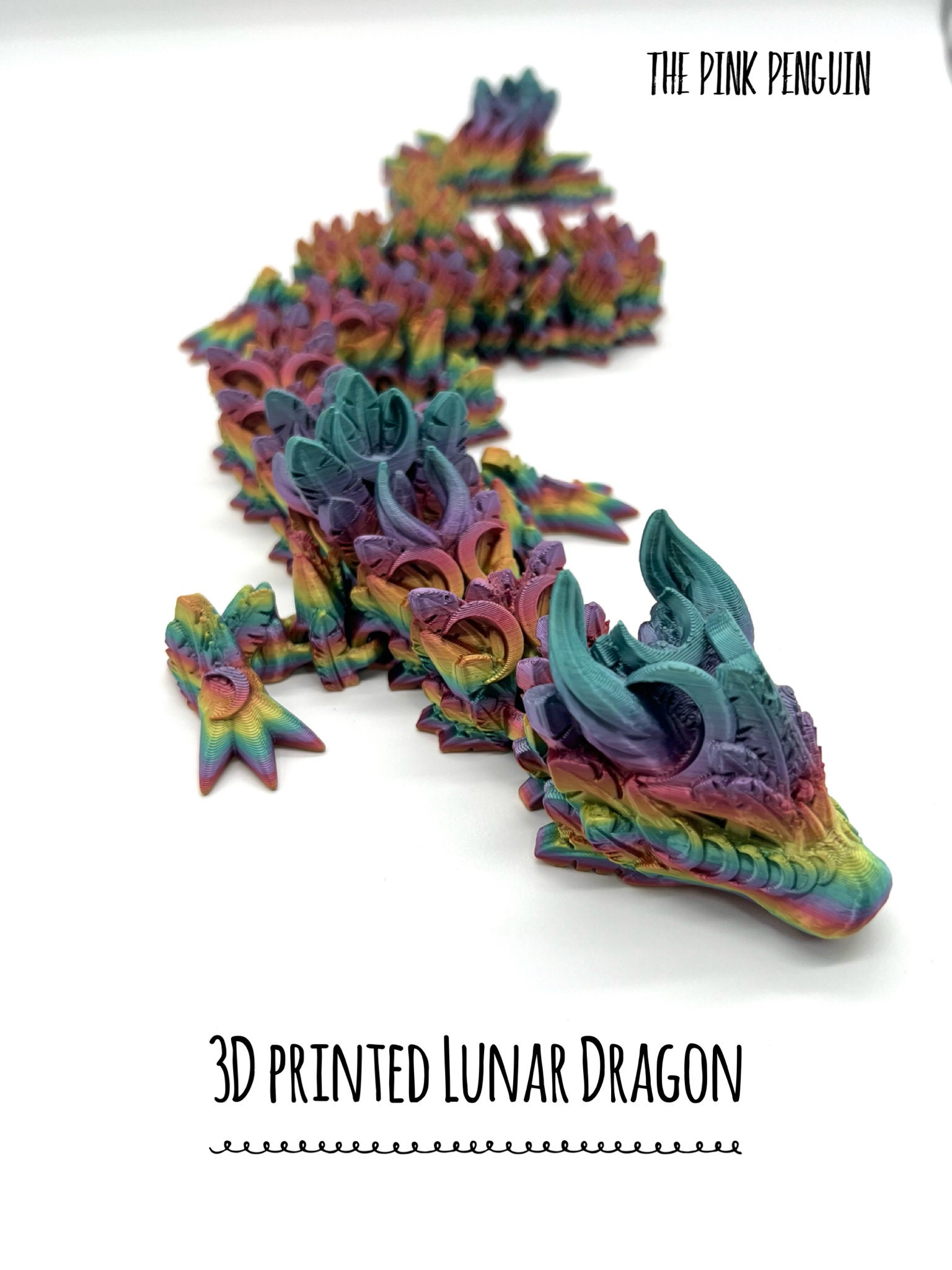 3D Printed Articulated Lunar Dragon, Rainbow Moon Dragon, Feather