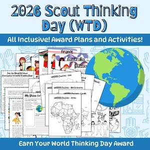 May include: A promotional image for the 2026 Scout Thinking Day (WTD). The image features a blue and green globe, various activity sheets, and text that reads "All Inclusive! Award Plans and Activities!" and "Earn Your World Thinking Day Award."