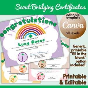 Bridging Certificate Bundle – Pack of 5 | PDF & Editable Canva Templates | Scout Level Colors | Rainbow | Bridging Ceremony