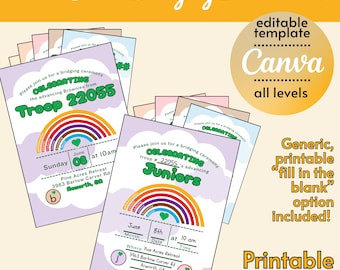 Invitación de puente Scout / Tema de niveles arcoíris / Plantillas de Canva editables o para rellenar con negro / Graduación