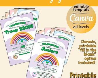 Invitación para la ceremonia de enlace (paquete de 5) / Plantillas PDF y editables de Canva / Colores de nivel Scout / Arcoíris / Ceremonia de enlace