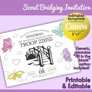 Scout-overbruggingsuitnodiging met vlinderthema | Vul de zwarte of bewerkbare canvassjabloonopties in | Afstuderen | 5 x 7 inch