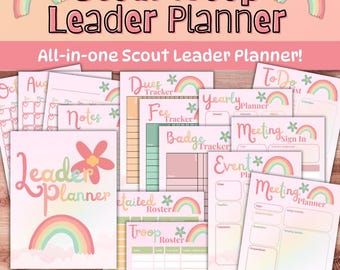 Planificador de líder de tropa Scout con temática de arcoíris / Organizador imprimible de 8.5x11 / Planificador de reuniones / Registros / Lista de participantes / Calendario