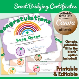 Bridging Certificate Bundle – Pack of 5 | PDF & Editable Canva Templates | Scout Level Colors | Rainbow | Bridging Ceremony
