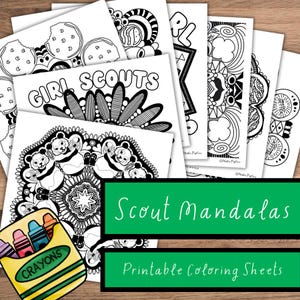 Original Graphics Scout Mandala Coloring Sheets | Set of 8 | Scout Cookies | Trefoil | Samoa | Panda | Daisies | Brownies | Fun